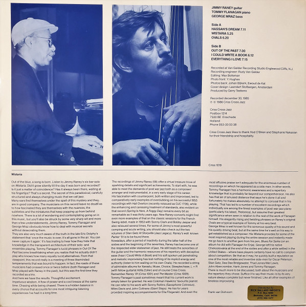 Jimmy Raney Trio With Tommy Flanagan And George Mraz - Wistaria [Vinyl] | Criss Cross Jazz (Criss 1019) - 2