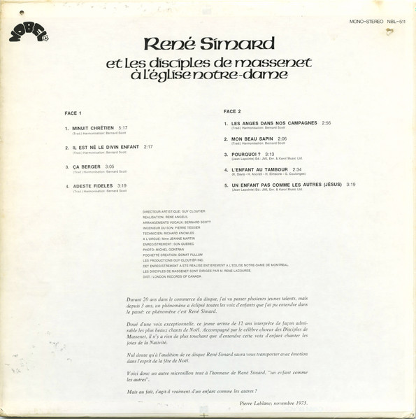 René Simard - René Simard Et Les Disciples De Massenet A L'Église Notre Dame [Vinyl] | Nobel (NBL - 511) - 2