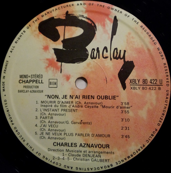 Charles Aznavour - Non, Je N'ai Rien Oublié | Barclay (80 422) - 4