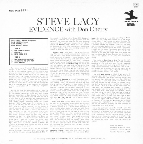 Steve Lacy with Don Cherry - Evidence | Carrere (68.328) - 2