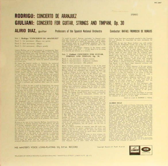 Joaquín Rodrigo / Mauro Giuliani / Alirio Díaz / Orquesta Nacional De España / Rafael Frühbeck De Burgos - Concierto De Aranjuez / Concerto For Guitar, Strings & Timpani, Op. 30 | World Record Club (WE 2267) - 2