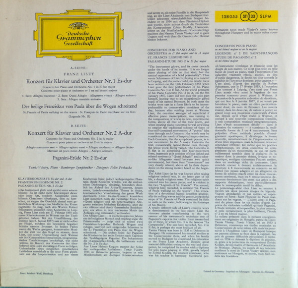 Franz Liszt - Felix Prohaska , Bamberger Symphoniker , Tamás Vásáry - Klavierkonzerte Es-dur Und A-dur, Franziskus-Legende, Paganini-Etude Es-dur | Deutsche Grammophon (138 055 SLPM) - 2