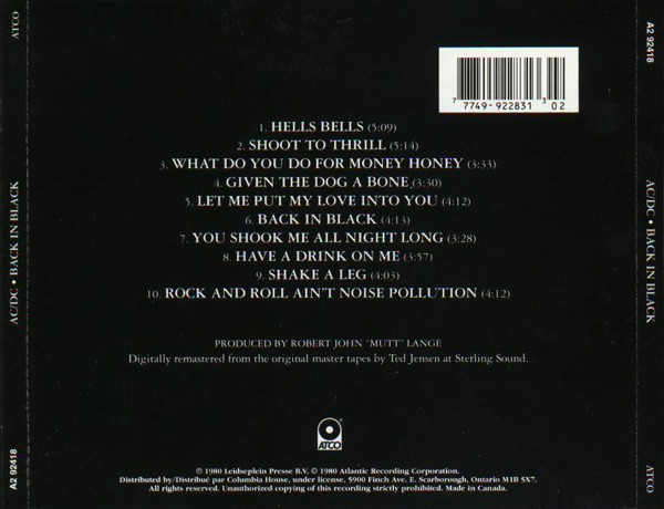 AC/DC - Back In Black [CD] | ATCO Records (A2 92418) - 3