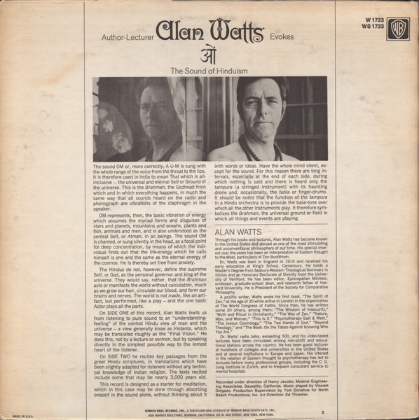 Alan Watts - Om - The Sound Of Hinduism | Warner Bros. Records (WS 1723) - 2