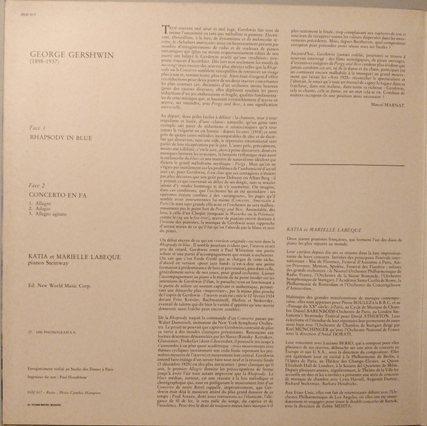 George Gershwin – Katia Et Marielle Labèque - Rhapsody In Blue · Concerto En Fa · (Versions Pour Deux Pianos) | Philips (9500 917) - 2 George Gershwin – Katia Et Marielle Labèque - Rhapsody In Blue · Concerto En Fa · (Versions Pour Deux Pianos) | Philips (9500 917) - 2