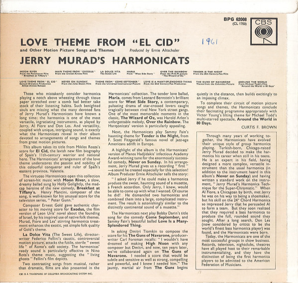 Jerry Murad's Harmonicats - Love Theme From "El Cid" And Other Motion Picture Songs And Themes | CBS (BPG 62008) - 2 Jerry Murad's Harmonicats - Love Theme From "El Cid" And Other Motion Picture Songs And Themes | CBS (BPG 62008) - 2