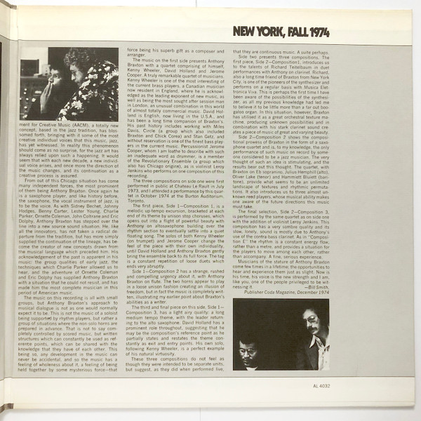 Anthony Braxton - New York, Fall 1974 | Arista (AL 4032) - 3