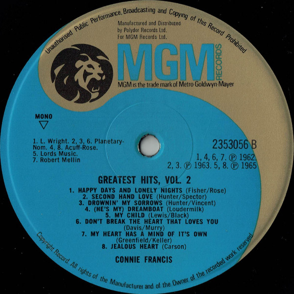 Connie Francis - Greatest Hits Vol. 2 | MGM Records (2353 056) - 4 Connie Francis - Greatest Hits Vol. 2 | MGM Records (2353 056) - 4