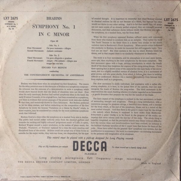 Johannes Brahms - Eduard van Beinum Conducting Concertgebouworkest - Symphony No. 1 In C Minor, Op. 68 | Decca (LXT 2675) - 2