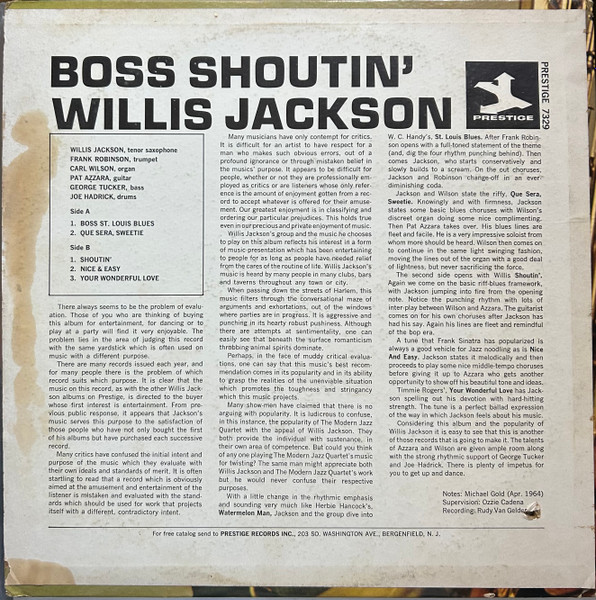 Willis Jackson - Boss Shoutin' [Vinyl] | Prestige (PRST 7329) - 2