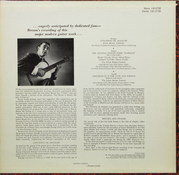 Julian Bream , Joaquín Rodrigo , Antonio Vivaldi , Benjamin Britten - Concierto De Aranjuez For Guitar And Orchestra / Concerto For Lute And Strings / The Courtly Dances From "Gloriana" | RCA Red Seal (LSC 2730) - 2 Julian Bream , Joaquín Rodrigo , Antonio Vivaldi , Benjamin Britten - Concierto De Aranjuez For Guitar And Orchestra / Concerto For Lute And Strings / The Courtly Dances From "Gloriana" | RCA Red Seal (LSC 2730) - 2