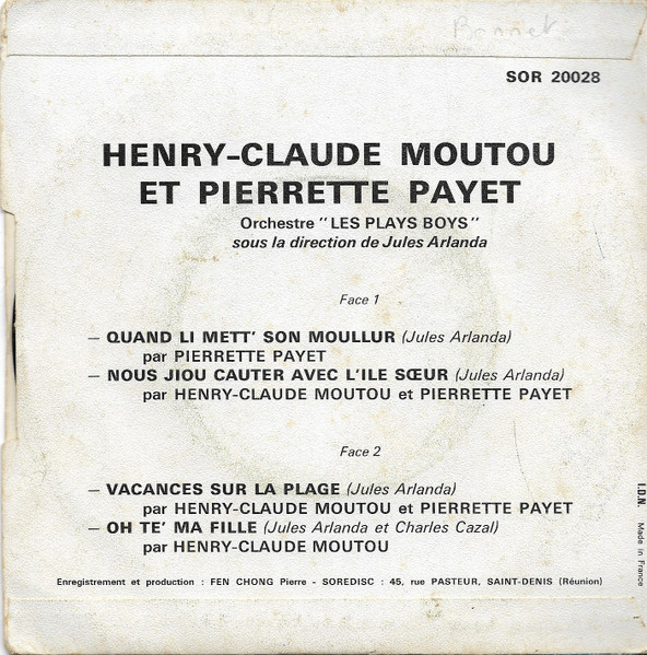 Henri-Claude Moutou & Pierrette Payet & Les Play-Boys - Quand Li Mett' Son Moullur | Soredisc Reunion (SOR 20.028) - 2