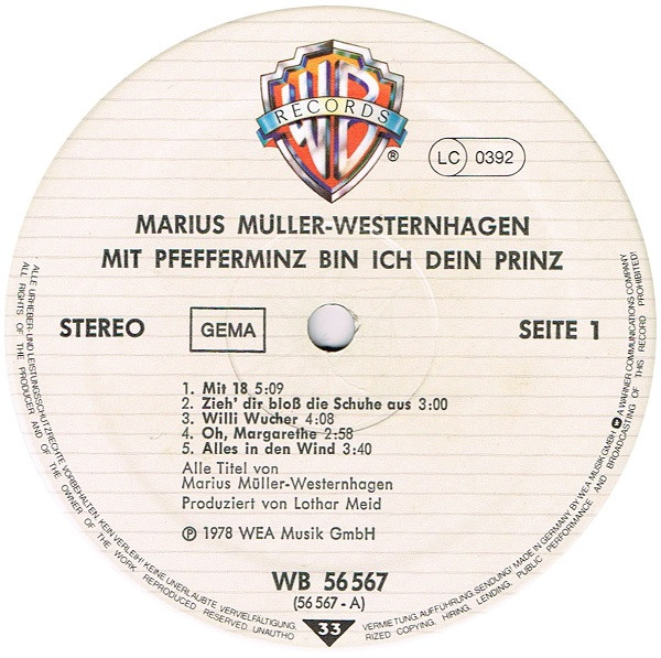 Marius Müller-Westernhagen - Mit Pfefferminz Bin Ich Dein Prinz | Warner Bros. Records (WB 56 567) - 3 Marius Müller-Westernhagen - Mit Pfefferminz Bin Ich Dein Prinz | Warner Bros. Records (WB 56 567) - 3