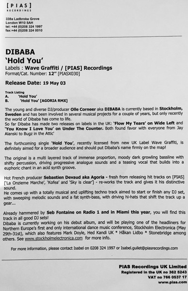 Dibaba - Hold You | [PIAS] Recordings (PIASX 030T) - 2