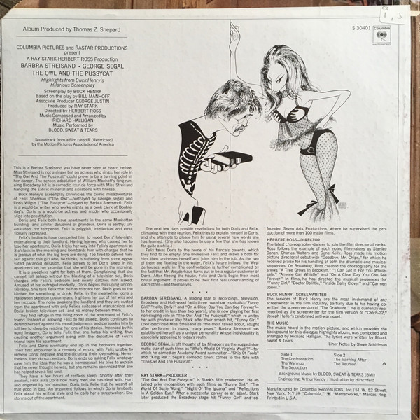 Barbra Streisand , George Segal , Blood, Sweat And Tears - The Owl And The Pussycat (Comedy Highlights And Music From The Soundtrack) | Columbia Masterworks (S 30401) - 3 Barbra Streisand , George Segal , Blood, Sweat And Tears - The Owl And The Pussycat (Comedy Highlights And Music From The Soundtrack) | Columbia Masterworks (S 30401) - 3