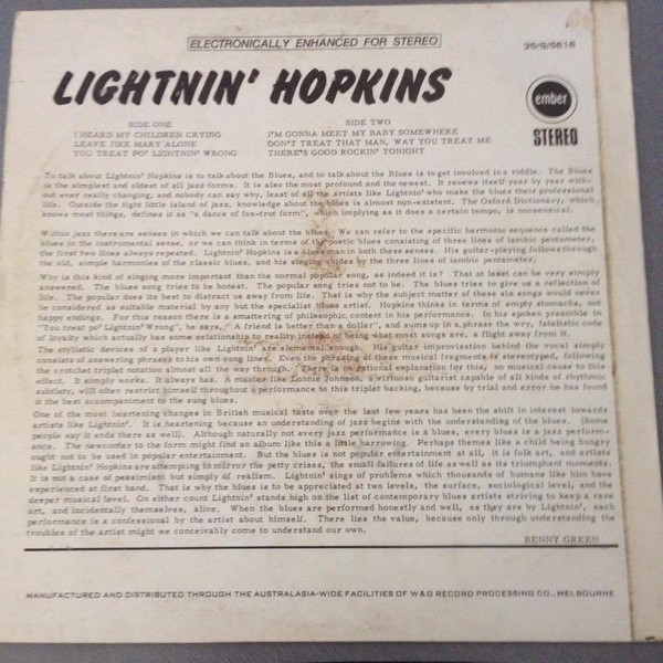 Lightnin' Hopkins - "Live" At The Bird Lounge | Ember Records (25-S-5616) - 2 Lightnin' Hopkins - "Live" At The Bird Lounge | Ember Records (25-S-5616) - 2