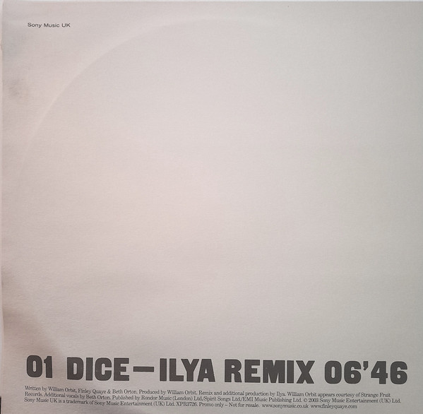 Finley Quaye & William Orbit - Dice - Ilya Remix | Sony Music UK (XPR3726) - 2