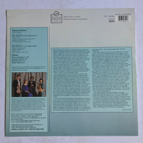Johannes Brahms , Domus Quartett - Klavierquartett Nr. 1 G-Moll Op. 25 / Klavierquartett Nr. 3 C-Moll Op. 60 | Virgin Classics (VC 7 90709-1) - 2