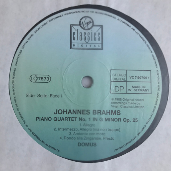 Johannes Brahms , Domus Quartett - Klavierquartett Nr. 1 G-Moll Op. 25 / Klavierquartett Nr. 3 C-Moll Op. 60 | Virgin Classics (VC 7 90709-1) - 3