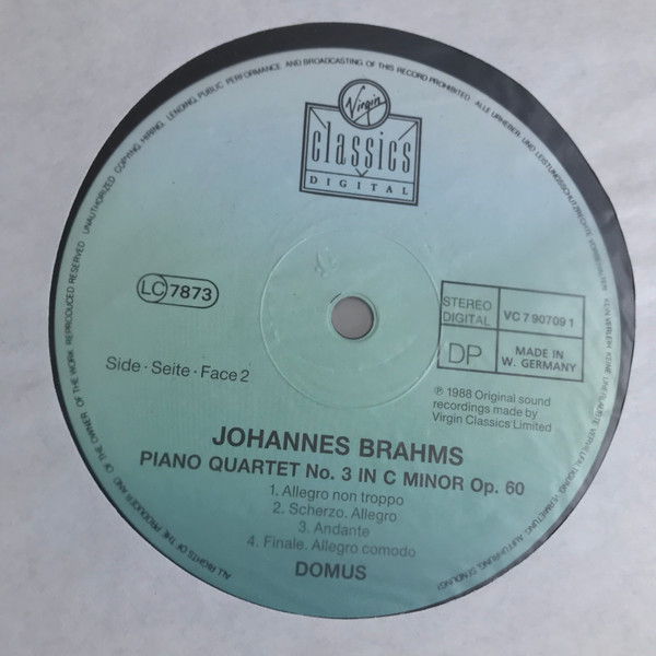 Johannes Brahms , Domus Quartett - Klavierquartett Nr. 1 G-Moll Op. 25 / Klavierquartett Nr. 3 C-Moll Op. 60 | Virgin Classics (VC 7 90709-1) - 4