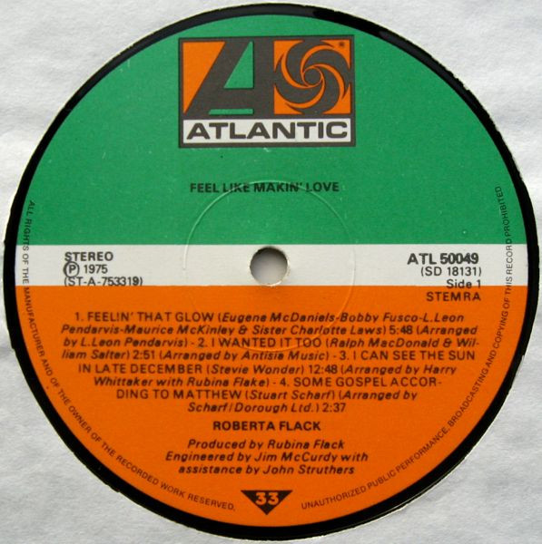 Roberta Flack - Feel Like Makin' Love | Atlantic (ATL 50049) - 3