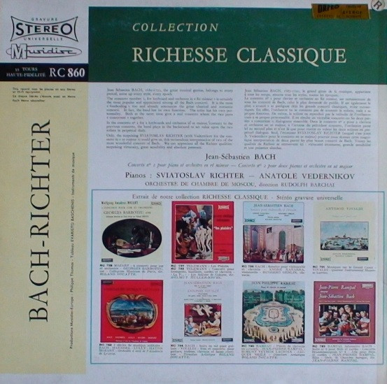 Johann Sebastian Bach - Sviatoslav Richter , Moscow Chamber Orchestra , Rudolf Barshai - Concerto No.1 Pour Piano Et Orchestre / Concerto No.2 Pour Deux Pianos Et Orchestre | Musidisc (RC 860) - 2