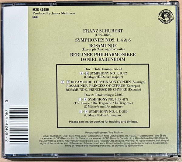 Franz Schubert / Daniel Barenboim , Berliner Philharmoniker - Schubert: Symphonies Nos. 1, 4 & 6 / Rosamunde (Excerpts) (2CD) [CD] | CBS Masterworks (M2K 42489) - 2
