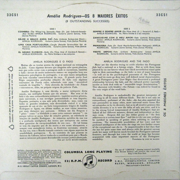 Amália Rodrigues - Os 8 Maiores Êxitos (8 Outstanding Successes) | Columbia (33CS1) - 2
