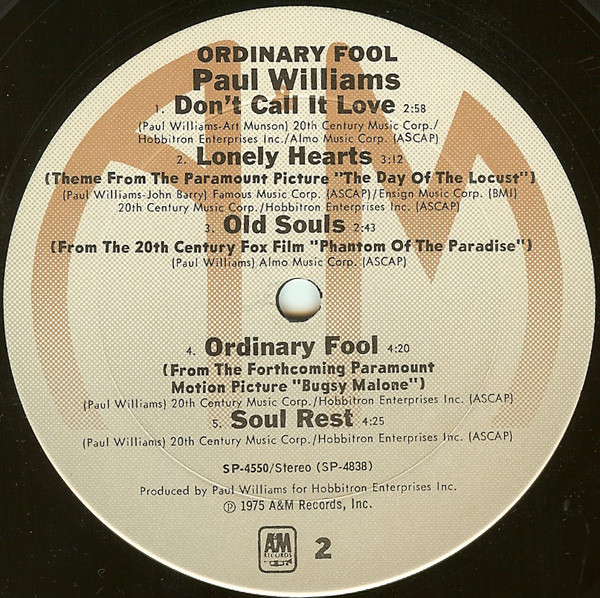 Paul Williams - Ordinary Fool | A&M Records (SP-4550) - 4