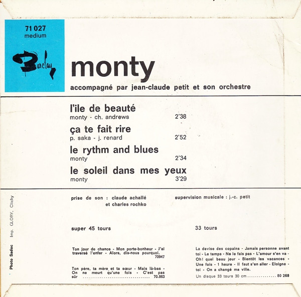 Monty - Le Rythm And Blues | Barclay (71 027 M) - 2