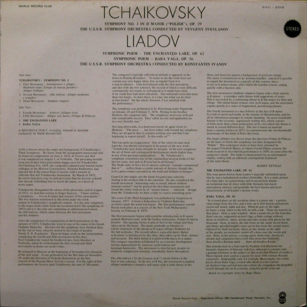 Pyotr Ilyich Tchaikovsky / Anatoly Liadov - Symphony No. 3 (Polish) /​ Tone Poems | World Record Club (S/5119) - 2