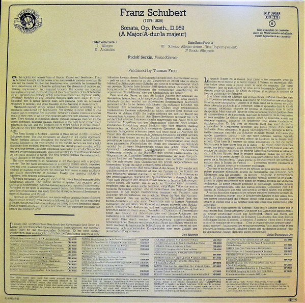 Franz Schubert , Rudolf Serkin - Piano Sonata, Op. Posth., D959 (A major = A Dur = la majeur) | CBS (MP 39055) - 2 Franz Schubert , Rudolf Serkin - Piano Sonata, Op. Posth., D959 (A major = A Dur = la majeur) | CBS (MP 39055) - 2