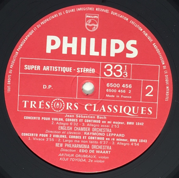 Johann Sebastian Bach - Arthur Grumiaux , Koji Toyoda , English Chamber Orchestra , New Philharmonia Orchestra , Raymond Leppard , Edo de Waart - Concertos Pour Violon, BWV 1041 / 1042 - Concerto Pour 2 Violons, BWV 1043 | Philips (6500 456) - 4