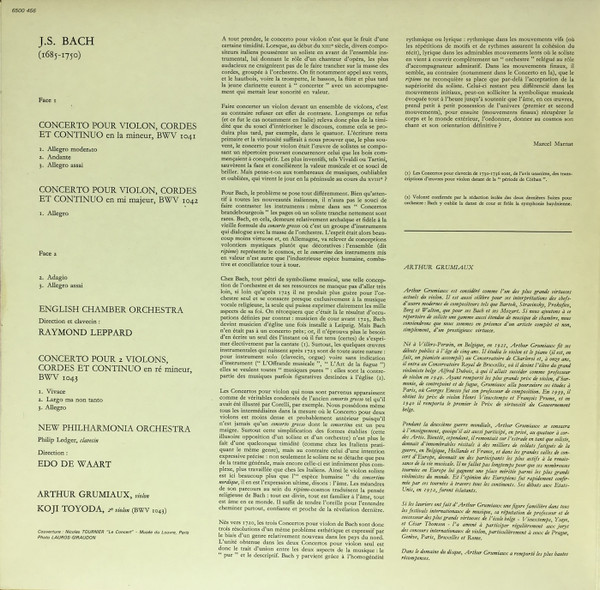Johann Sebastian Bach - Arthur Grumiaux , Koji Toyoda , English Chamber Orchestra , New Philharmonia Orchestra , Raymond Leppard , Edo de Waart - Concertos Pour Violon, BWV 1041 / 1042 - Concerto Pour 2 Violons, BWV 1043 | Philips (6500 456) - 2