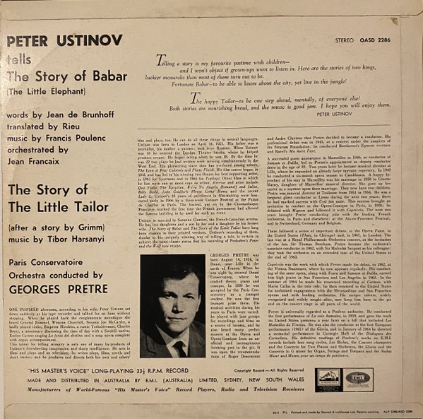 Peter Ustinov , Jean De Brunhoff , Francis Poulenc / Gebrüder Grimm , Tibor Harsanyi , Orchestre De La Société Des Concerts Du Conservatoire , Georges Prêtre - Tells The Stories Of Babar The Elephant and The Little Tailor | His Master's Voice (OASD 2286) - 2