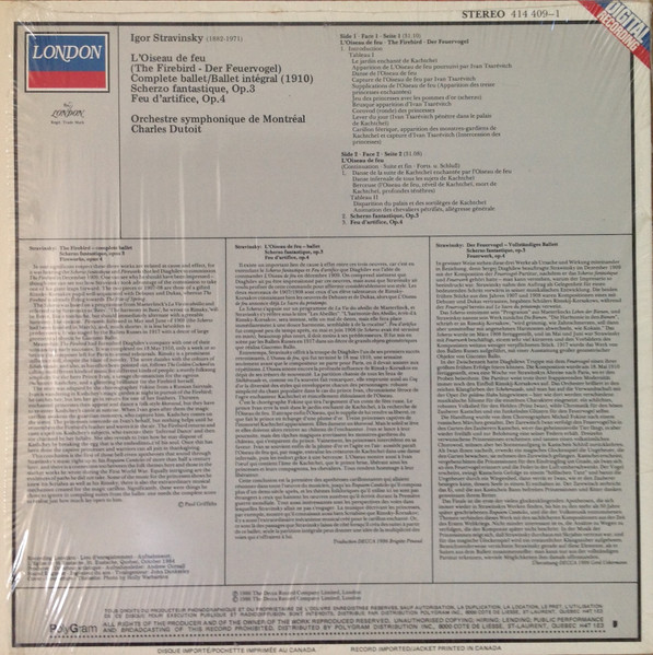 Igor Stravinsky , Orchestre symphonique de Montréal , Charles Dutoit - L'Oiseau De Feu = The Firebird - Scherzo Fantastique - Feu D'Artifice = Fireworks | London Records (414 409-1) - 2 Igor Stravinsky , Orchestre symphonique de Montréal , Charles Dutoit - L'Oiseau De Feu = The Firebird - Scherzo Fantastique - Feu D'Artifice = Fireworks | London Records (414 409-1) - 2