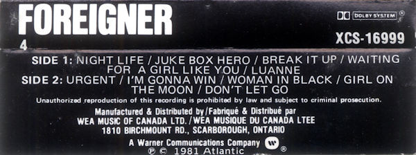Foreigner - 4 [Cassette] | Atlantic (XCS 16999) - 2
