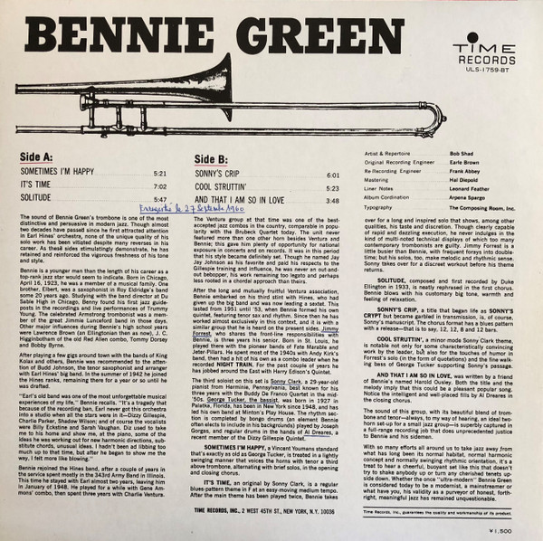 Bennie Green - Bennie Green | Time Records (ULS-1759-BT) - 3 Bennie Green - Bennie Green | Time Records (ULS-1759-BT) - 3