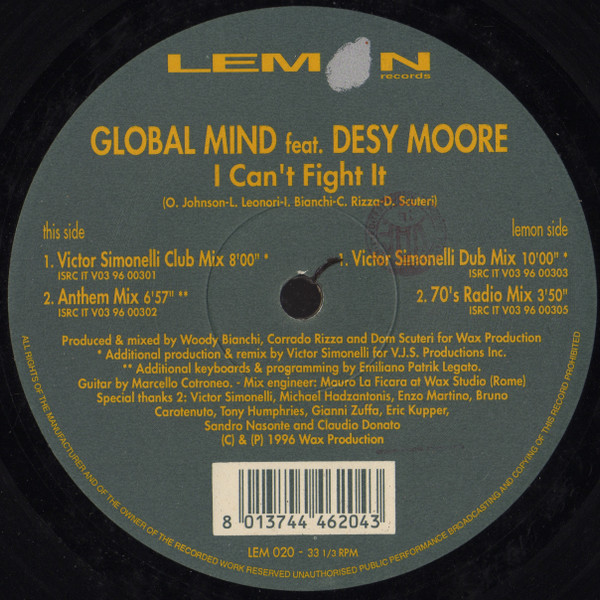 Global Mind Feat. Desy Moore - I Can't Fight It | Lemon Records (LEM 020) - 2