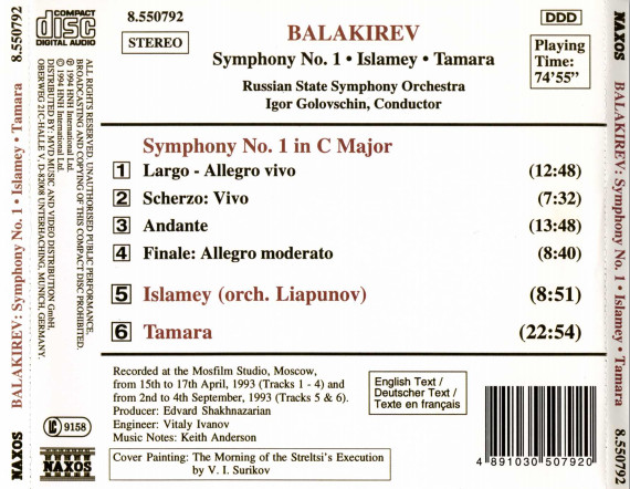 Mily Balakirev - Russian State Symphony Orchestra , Igor Golovschin - Symphony No. 1 / Islamey / Tamara | Naxos (8.550792) - 2