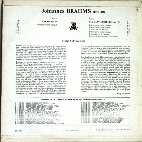 Johannes Brahms - György Sebök - Les Valses De Brahms / Six Klavierstücke Op. 118 | Erato (EFM 8046) - 2