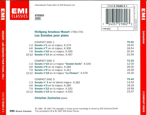 Wolfgang Amadeus Mozart , Christian Zacharias - Les Sonates Pour Piano | EMI Classics (7243 5 72180 2 3) - 3