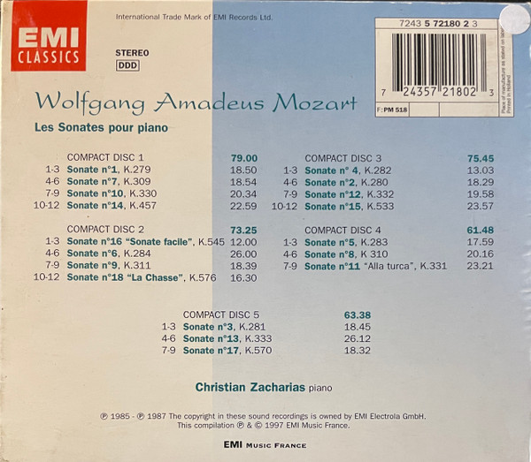 Wolfgang Amadeus Mozart , Christian Zacharias - Les Sonates Pour Piano | EMI Classics (7243 5 72180 2 3) - 2
