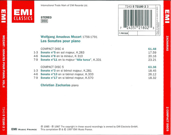 Wolfgang Amadeus Mozart , Christian Zacharias - Les Sonates Pour Piano | EMI Classics (7243 5 72180 2 3) - 4