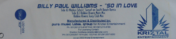 Billy Paul Williams - So In Love | Kriztal Entertainment (KRI-001) - main