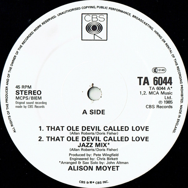 Alison Moyet - That Ole Devil Called Love | CBS (TA 6044) - 3