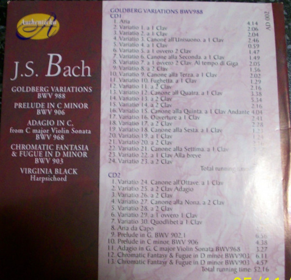 Johann Sebastian Bach , Virginia Black - Goldberg Variations Bwv988 (includes All Repeats) | Authenticka (AD 002) - 2