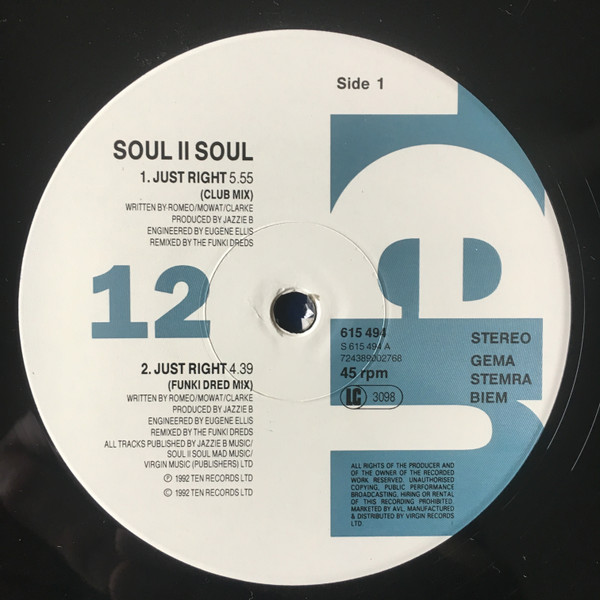Soul II Soul - Just Right | 10 Records (TENX 410) - 3