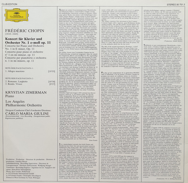 Frédéric Chopin , Krystian Zimerman , Los Angeles Philharmonic Orchestra & Carlo Maria Giulini - Klavierkonzert - Piano Concerto No. 1 | Deutsche Grammophon (30 7512) - 2
