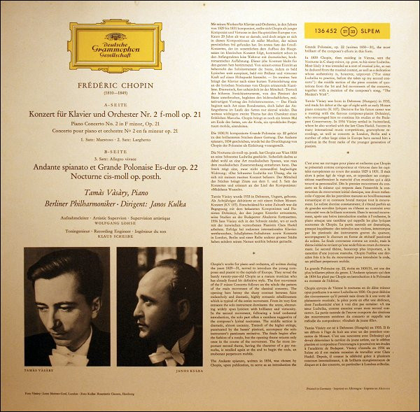 Frédéric Chopin - Tamás Vásáry , Berliner Philharmoniker , Janos Kulka - Klavierkonzert Nr. 2 f-moll · Andante Spianato Et Grande Polonaise · Nocturne | Deutsche Grammophon (136 452)